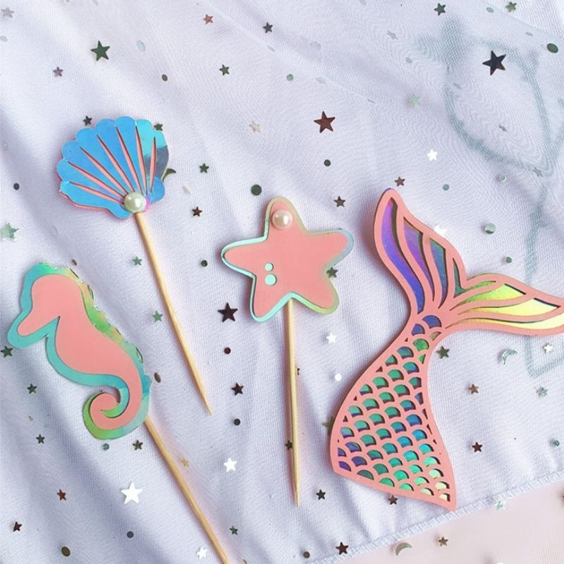 Glitter Mermaid Tail Seahorse Starfish Cake Topper Girl Birthday Party Dekorācija Nāras ballītei cupcake Supplies Baby Shower Deco