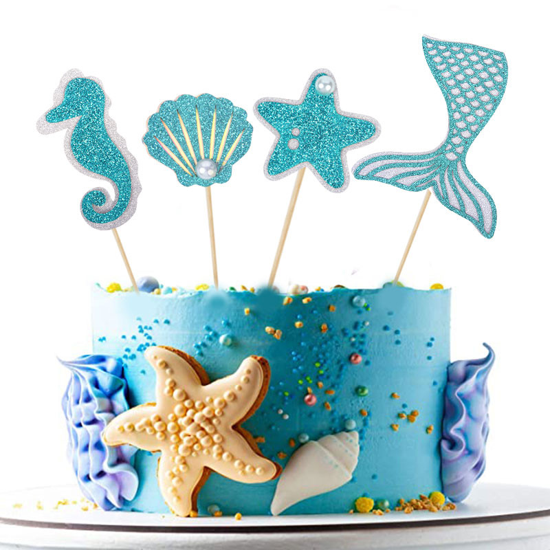 Glitter Mermaid Tail Seahorse Starfish Cake Topper Girl Birthday Party Dekorācija Nāras ballītei cupcake Supplies Baby Shower Deco