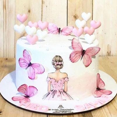1 Set Girl`s Back Butterfly Happy Birthday Cake Toppers Pink DIY Wedding Party Cake Topper Dessert Decoration Baby Shower Gift