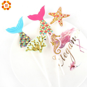 1 комплект Тема за опашката на русалка Покрития за торта Честит рожден ден Cupcake Декор Сладко блестящо парти Baby Shower Консумативи за декорация на рожден ден