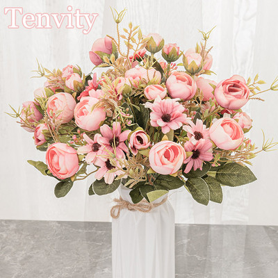 Buchet de flori artificiale roz trandafir de mătase Accesorii din plastic de înaltă calitate Sufragerie de acasă Decorarea mesei de nuntă Floare falsă