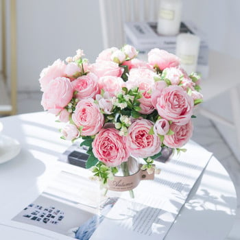 Бели рози Изкуствени цветя Копринени божури Сватбени декоративни вази за домашен декор Букет от пяна Занаяти Подаръци Фалшиви растения