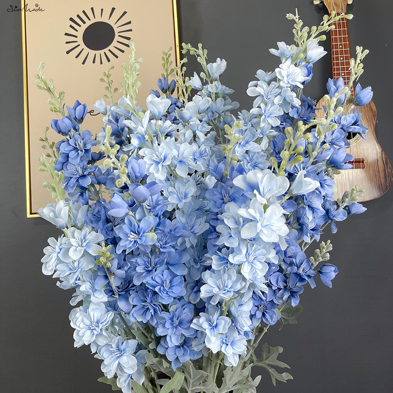 SunMade 2 Forks Delphinium Flower Branch Selyem Művirágok Otthon Esküvői Hotel Dekoráció Fleur Artificielle Blue Flores