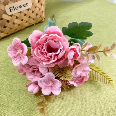 Flori artificiale 6 capete Bujor artificial trandafir de ceai de mătase roz DIY floare artificială falsă pentru bricolaj, grădină, decorare nuntă