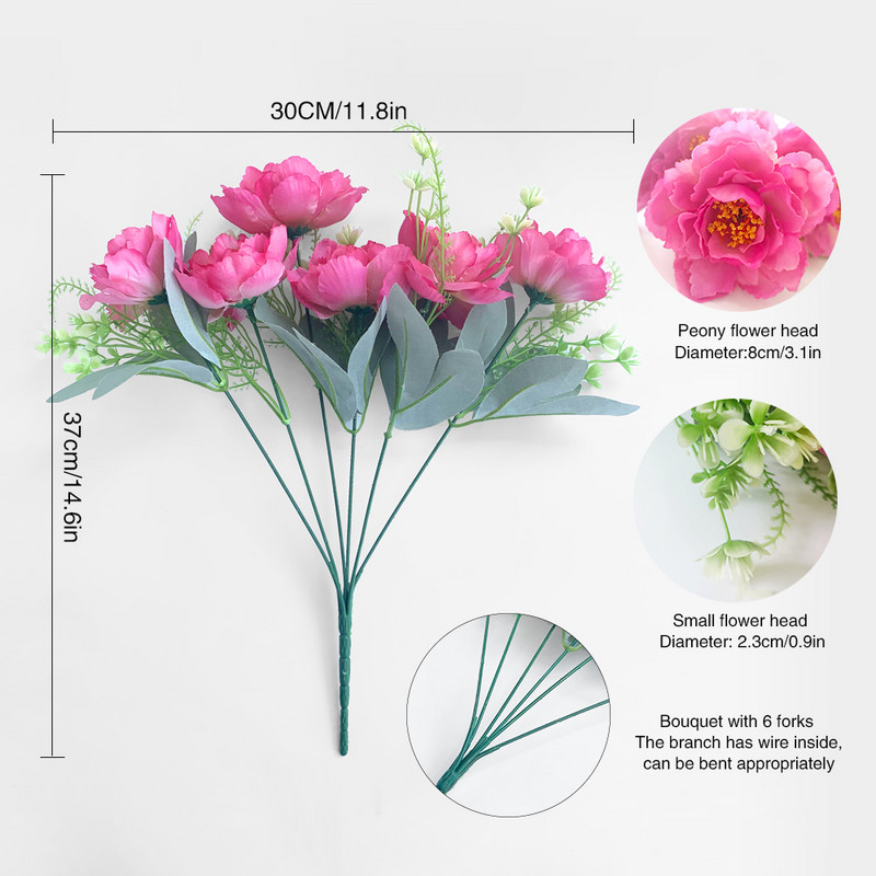 Flori artificiale 6 capete Bujor artificial trandafir de ceai de mătase roz DIY floare artificială falsă pentru bricolaj, grădină, decorare nuntă