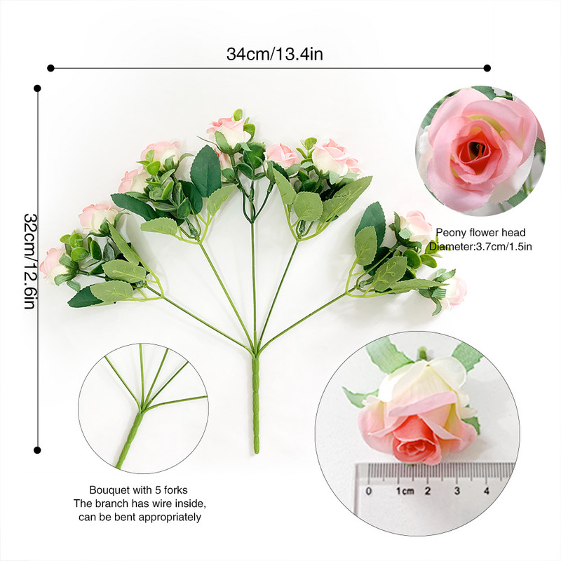 Flori artificiale 6 capete Bujor artificial trandafir de ceai de mătase roz DIY floare artificială falsă pentru bricolaj, grădină, decorare nuntă