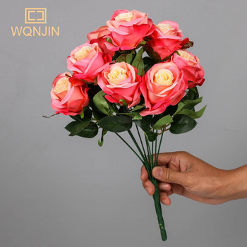 Μπουκέτο με τριαντάφυλλο τεχνητά ροζ κόκκινα λουλούδια Στολισμός γάμου 9 κεφαλές Μεταξωτά λουλούδια Ψεύτικα τριαντάφυλλα Flores Διακόσμηση σπιτιού