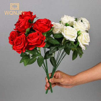Μπουκέτο με τριαντάφυλλο τεχνητά ροζ κόκκινα λουλούδια Στολισμός γάμου 9 κεφαλές Μεταξωτά λουλούδια Ψεύτικα τριαντάφυλλα Flores Διακόσμηση σπιτιού