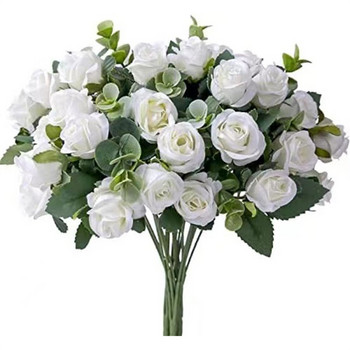 Букет от изкуствени цветя Бяла червена роза Евкалиптови листа Сватбена украса Божур Фалшиво цвете за парти Начало Декор На открито