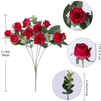 Buchet de flori artificiale, alb, roșu, trandafir, frunze de eucalipt, decorare nuntă, bujor, floare falsă, pentru petrecere, decor acasă, în aer liber