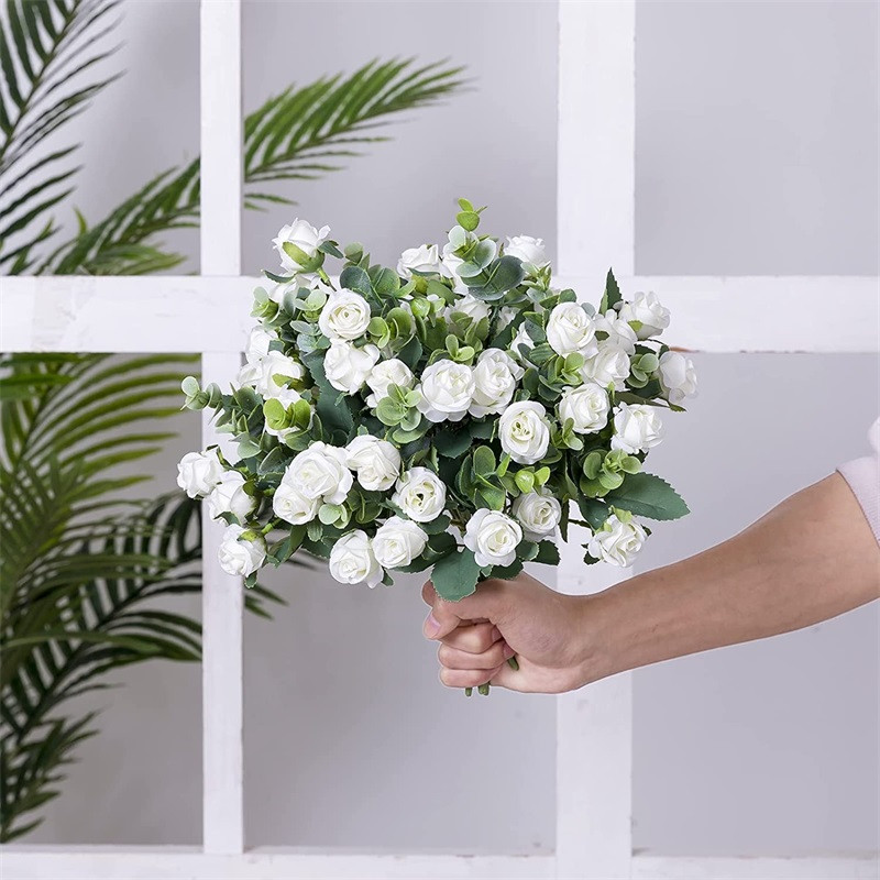 Buchet de flori artificiale, alb, roșu, trandafir, frunze de eucalipt, decorare nuntă, bujor, floare falsă, pentru petrecere, decor acasă, în aer liber