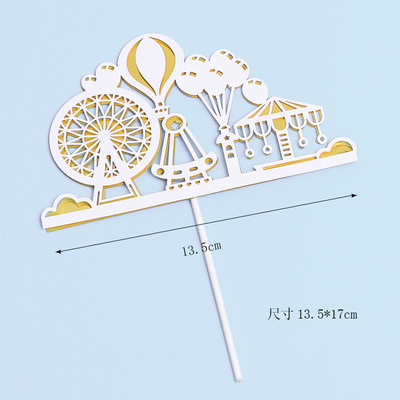 Liela rozā/zelta pils panorāmas rata kāzu kūkas virsma papīrs Daudz laimes dzimšanas dienā krēmveida kūkas ieliktņa karoga dzimšanas dienas deserta dekors