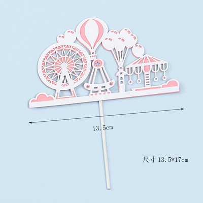 Liela rozā/zelta pils panorāmas rata kāzu kūkas virsma papīrs Daudz laimes dzimšanas dienā krēmveida kūkas ieliktņa karoga dzimšanas dienas deserta dekors