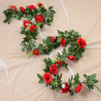 Копринени изкуствени розови лози Висящи цветя за сватба Начало Градина Декорация на стени от ратан Фалшиви растения Листа Гирлянда