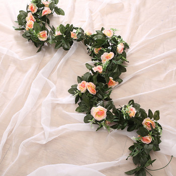 Копринени изкуствени розови лози Висящи цветя за сватба Начало Градина Декорация на стени от ратан Фалшиви растения Листа Гирлянда