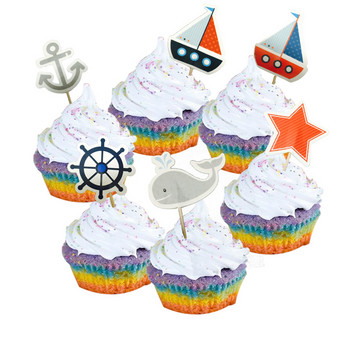 Декорации за кексчета 24бр. Средиземноморски мореплавателски кораб с котва за торта Топпер за кексчета за избор на знамена за деца Деца Рожден ден