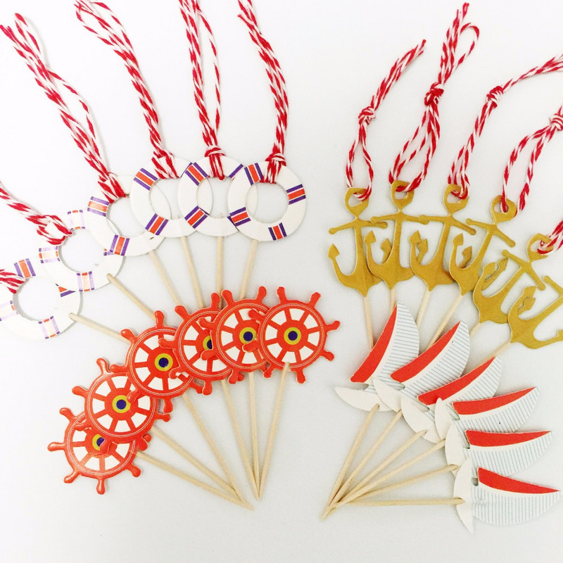 Cupcake Decorations 24gb Vidusjūras jūrnieku kuģa enkura kūka Topper cupcake picks karogi bērnu bērnu dzimšanas dienas ballītei
