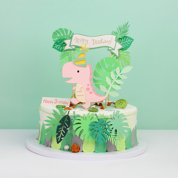 Dinosaur Happy Birthday Cake Toppers Green Leaf Cake Banner Dessert Jungle Safari Cake Decor Roar Birthday Party Decoration Kids