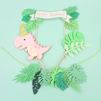 Dinosaur Happy Birthday Cake Toppers Green Leaf Cake Banner Dessert Jungle Safari Cake Decor Roar Birthday Party Decoration Kids