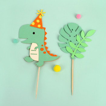 Dinosaur Happy Birthday Cake Toppers Green Leaf Cake Banner Dessert Jungle Safari Cake Decor Roar Birthday Party Decoration Kids