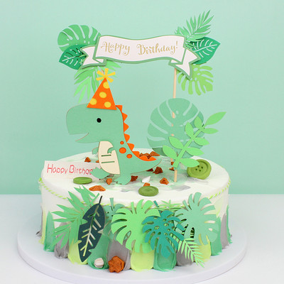 Dinozaur Happy Birthday Cake Toppers Banner pentru tort cu frunze verzi Desert Jungle Safari Decor tort Roar Decor pentru petrecere de aniversare copii