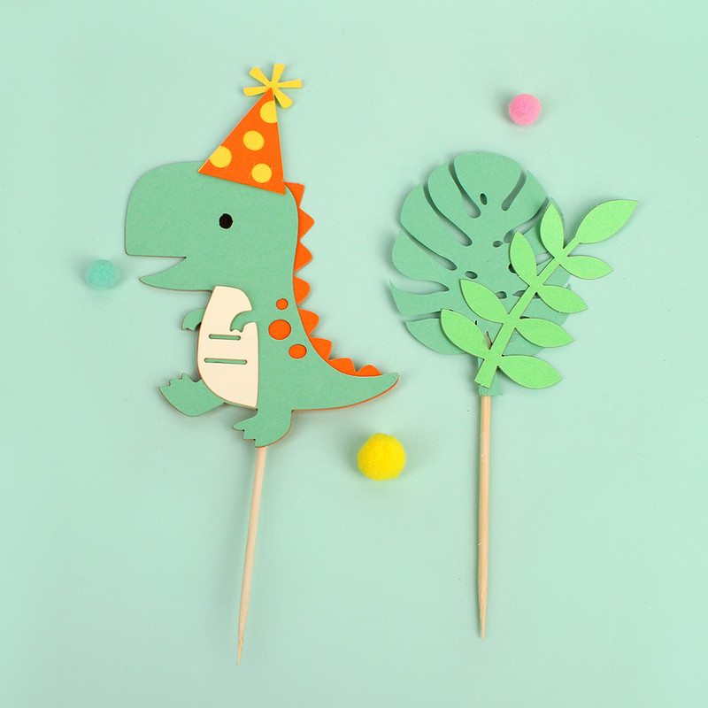 Dinosaur Happy Birthday Cake Toppers Green Leaf Cake Banner Επιδόρπιο Ζούγκλα Σαφάρι Διακόσμηση τούρτας Roar Birthday Party Διακόσμηση Παιδιά