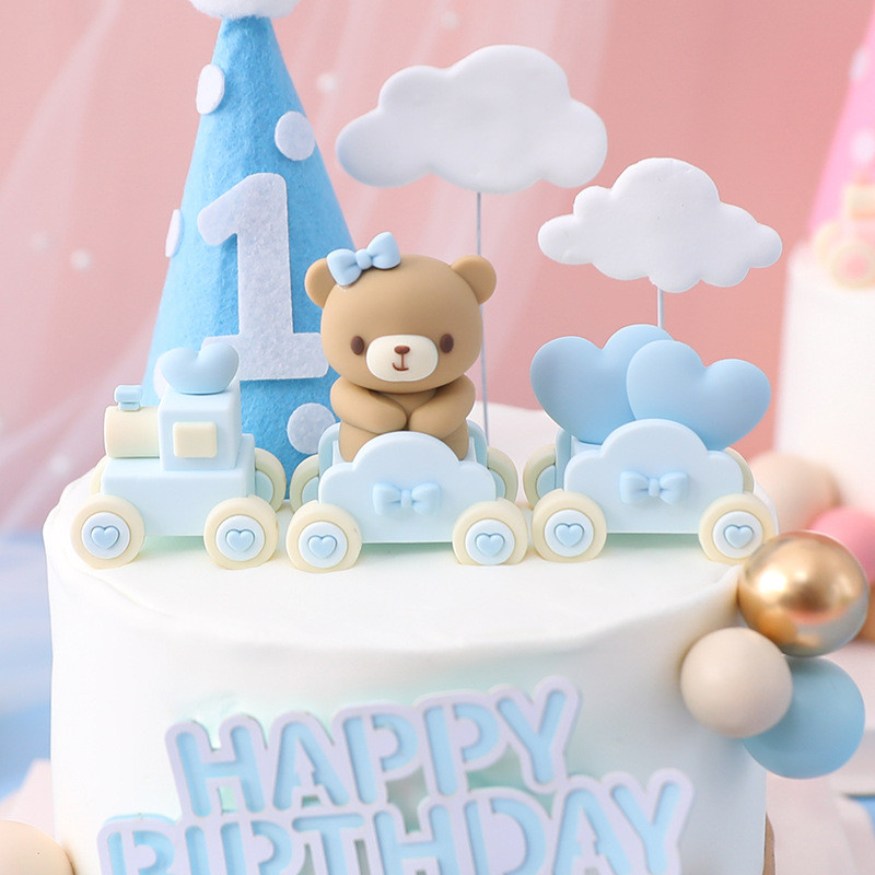Születésnapi torta topper aranyos rózsaszín kék baba medve vonat fiú lány 1. születésnapi buli torta dekor golyók baba zuhany kellékek