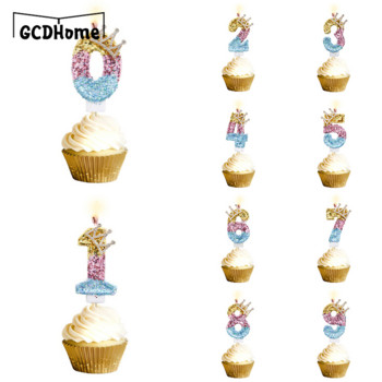 Κεριά Αριθμός πάρτι γενεθλίων Glitter Gold Pink Crown κερί για Παιδιά Κορίτσια Αγόρια Τούρτα Γενέθλια Ένθετο Διακοσμητικά