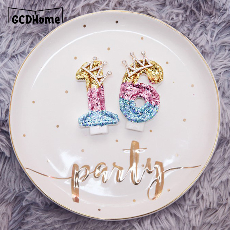 Κεριά Αριθμός πάρτι γενεθλίων Glitter Gold Pink Crown κερί για Παιδιά Κορίτσια Αγόρια Τούρτα Γενέθλια Ένθετο Διακοσμητικά