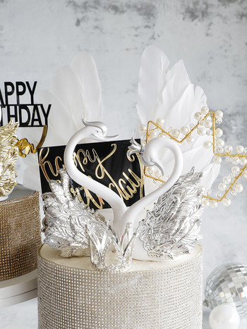 Романтично злато, сребро, корона, лебед, богато украсена рокля за торта за честит рожден ден, марля от пера, украса за сватбена торта, партита