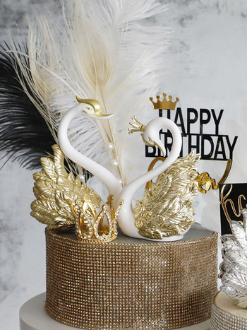 Романтично злато, сребро, корона, лебед, богато украсена рокля за торта за честит рожден ден, марля от пера, украса за сватбена торта, партита