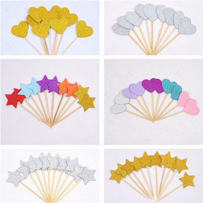 40 gab. Kūkas karogs Golden Heart Star Cupcake toppers Baby Shower Dzimšanas dienas ballīšu rotājumi Bērniem Kāzu Dekorācijas Tortes