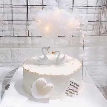 Покритие за торта от смола от бяло лебедово перо Честит рожден ден Розов лебед Покрив за торта за Свети Валентин Сватба, рожден ден Декорации за торта