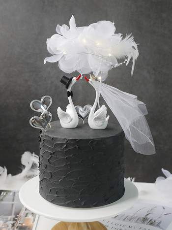 Покритие за торта от смола от бяло лебедово перо Честит рожден ден Розов лебед Покрив за торта за Свети Валентин Сватба, рожден ден Декорации за торта
