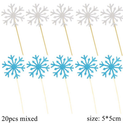 20 de bucăți Toppers pentru cupcake cu fulgi de zăpadă, argintiu, albastru, din hârtie, pentru decorarea torturilor de Crăciun, pentru copii, iarnă, pentru petreceri cu zăpadă