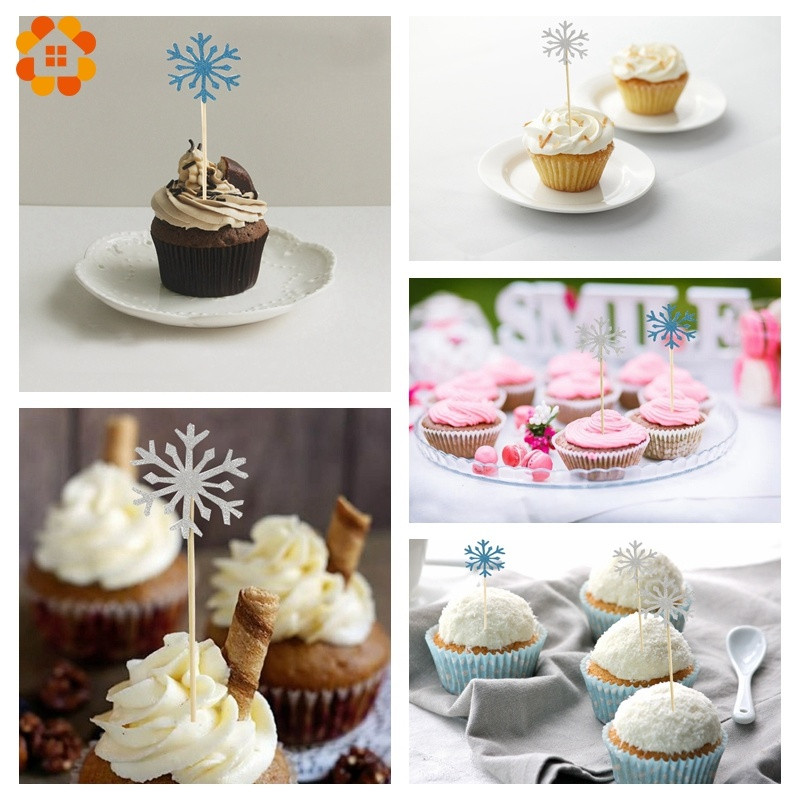 20 de bucăți Toppers pentru cupcake cu fulgi de zăpadă, argintiu, albastru, din hârtie, pentru decorarea torturilor de Crăciun, pentru copii, iarnă, pentru petreceri cu zăpadă