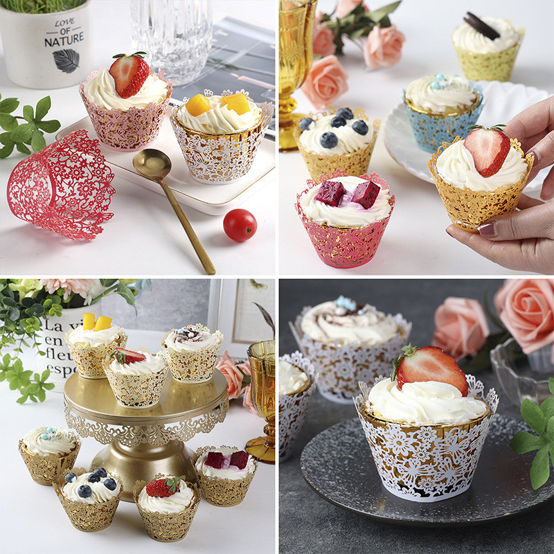 50db lézerrel vágott papír üreges cupcake csomagolók esküvői születésnapi buli tortadísz babazuhany muffin cupcake csésze tokok