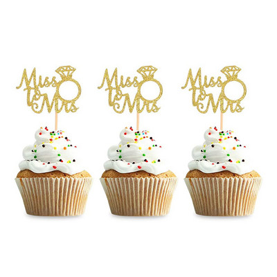 12/24 buc. Toppers pentru cupcake Miss to Mrs Topper pentru prăjituri cu inel de diamant pentru nuntă, duș de mireasă, decorațiuni pentru prăjituri pentru burlac.