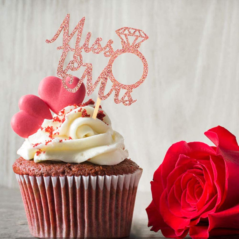 12/24 buc. Toppers pentru cupcake Miss to Mrs Topper pentru prăjituri cu inel de diamant pentru nuntă, duș de mireasă, decorațiuni pentru prăjituri pentru burlac.