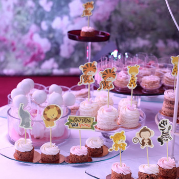 24 τμχ Ζούγκλα με θέμα το Cupcake με θέμα την άγρια ζούγκλα Διακόσμηση για πάρτι zebra cupcake flag Παιδική μπομπονιέρα Προμήθειες διακόσμησης τούρτας γενεθλίων