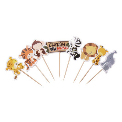 24gab Wild Jungle Animal Theme Cupcake Topper ballīšu dekorēšana zebra cupcake karogs Bērniem labvēlīgi dzimšanas dienas kūkas dekorēšanas piederumi