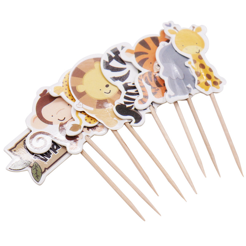 24gab Wild Jungle Animal Theme Cupcake Topper ballīšu dekorēšana zebra cupcake karogs Bērniem labvēlīgi dzimšanas dienas kūkas dekorēšanas piederumi