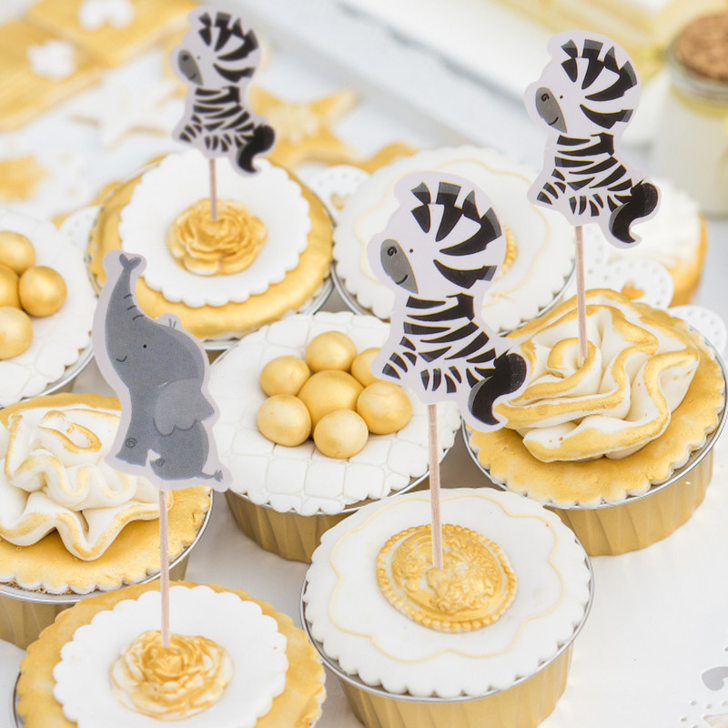 24gab Wild Jungle Animal Theme Cupcake Topper ballīšu dekorēšana zebra cupcake karogs Bērniem labvēlīgi dzimšanas dienas kūkas dekorēšanas piederumi