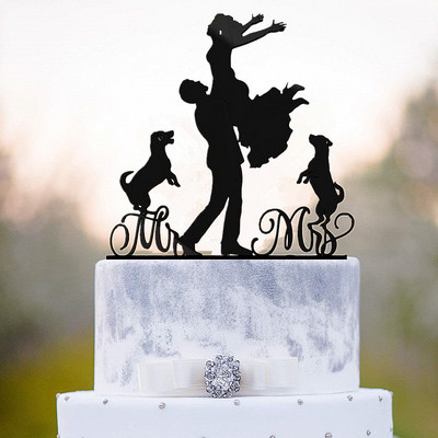 Τούρτα για τούρτα r and Mrs, Topper για τούρτα για νύφη και γαμπρό με σκύλο Silhouette, Προμήθειες διακόσμησης γαμήλιας τούρτας για ζευγάρια και σκύλους