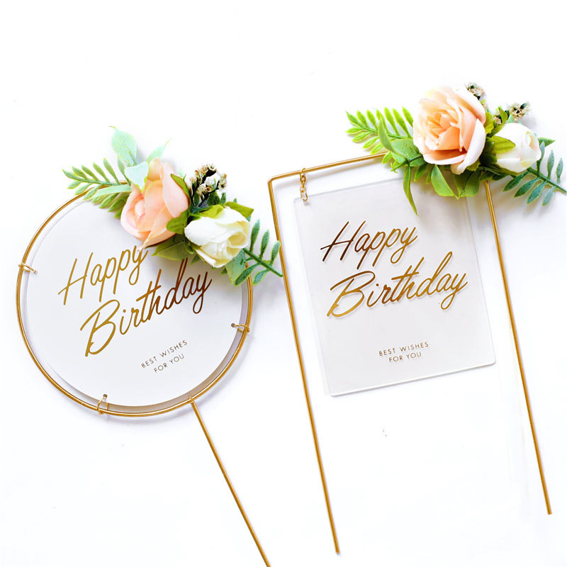 1 set Topper pentru tort acrilic La mulți ani, cap de flori de mătase artificială, decorație de petrecere pentru baby shower, cadou DIY, provizii de copt pentru trandafiri