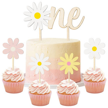 5 бр./опаковка INS Kids Little Daisy Birthday Cake Toppers Baby Shower Flower Wooden Cake Sticker Слънчогледова торта Decorations
