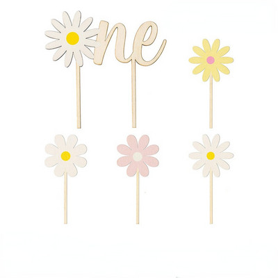 5 бр./опаковка INS Kids Little Daisy Birthday Cake Toppers Baby Shower Flower Wooden Cake Sticker Слънчогледова торта Decorations