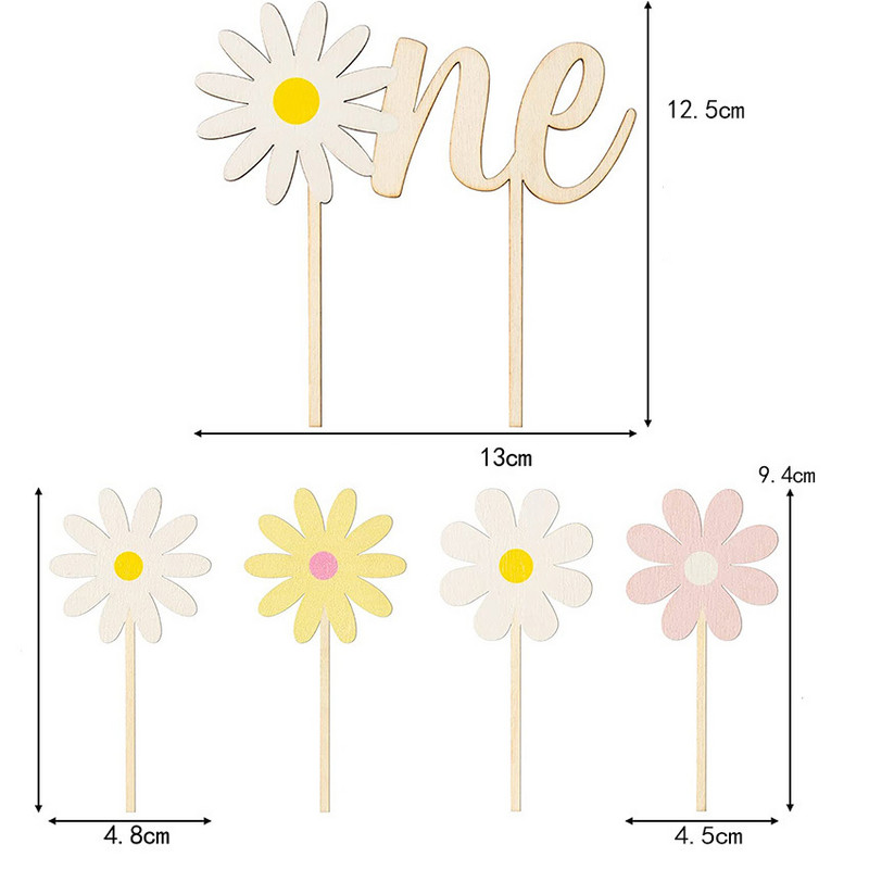 5 τμχ/Συσκευασία INS Kids Little Daisy Birthday Cake Toppers Baby Shower Flower Ξύλινο Αυτοκόλλητο κέικ Διακοσμήσεις για τούρτα ηλίανθου