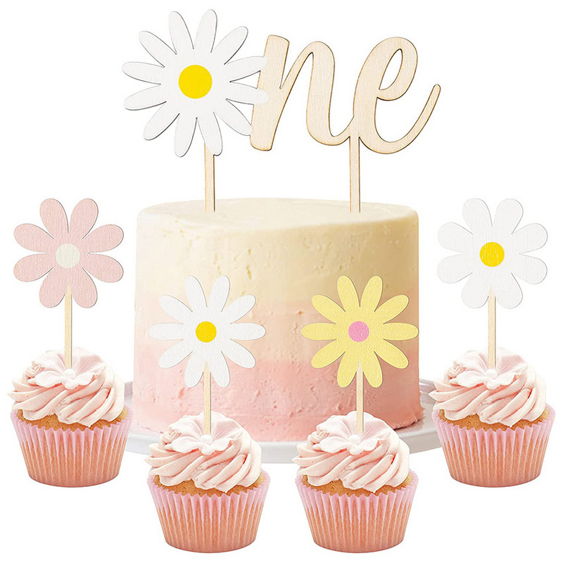 5 τμχ/Συσκευασία INS Kids Little Daisy Birthday Cake Toppers Baby Shower Flower Ξύλινο Αυτοκόλλητο κέικ Διακοσμήσεις για τούρτα ηλίανθου