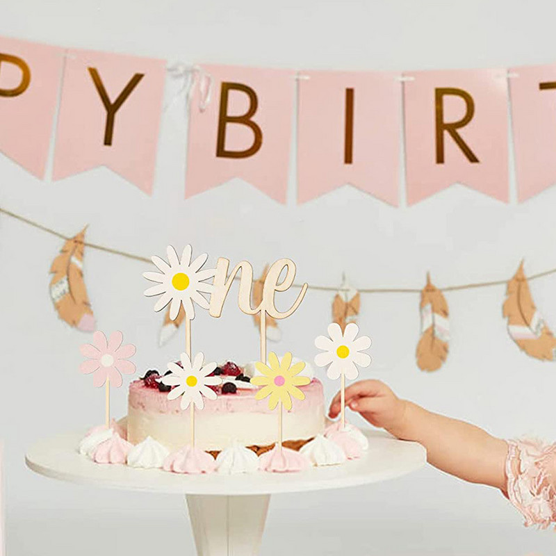 5 τμχ/Συσκευασία INS Kids Little Daisy Birthday Cake Toppers Baby Shower Flower Ξύλινο Αυτοκόλλητο κέικ Διακοσμήσεις για τούρτα ηλίανθου